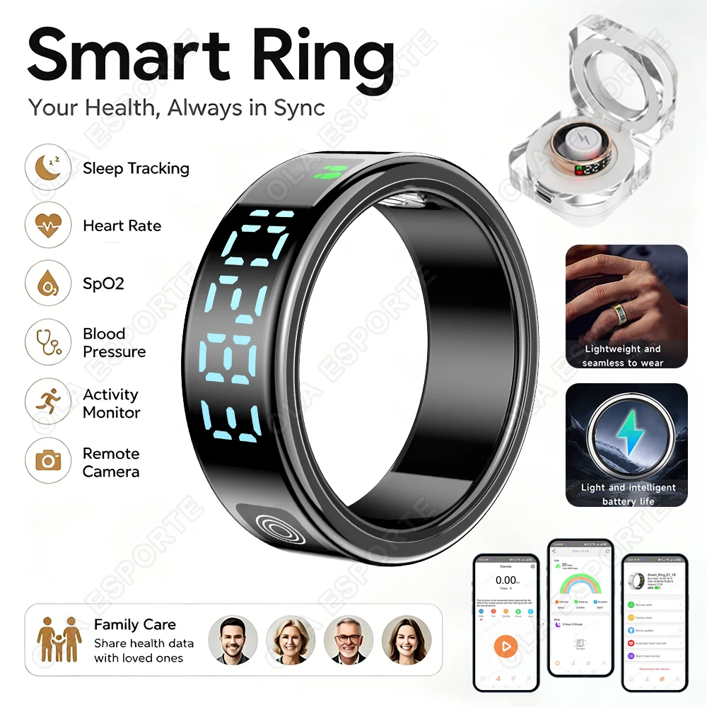 Anello Intelligente con Display Digitale, Tracker Fitness, Monitoraggio del Sonno e dell'Attività, Contapassi, Fotocamera Remota, Anello Indossabile per Sport Quotidiani