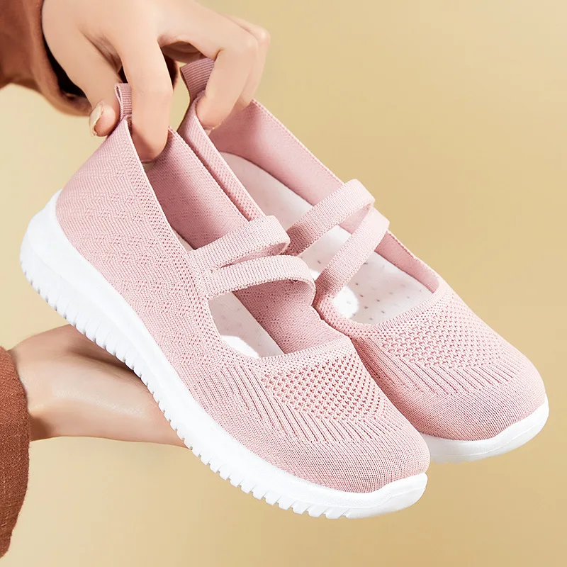 Women Flat Shoes Knitting Breathable Sneakers Mary Jane Female Walking Shoes Non Slip Ladies Casual Footwear Mom Loafers Sneaker