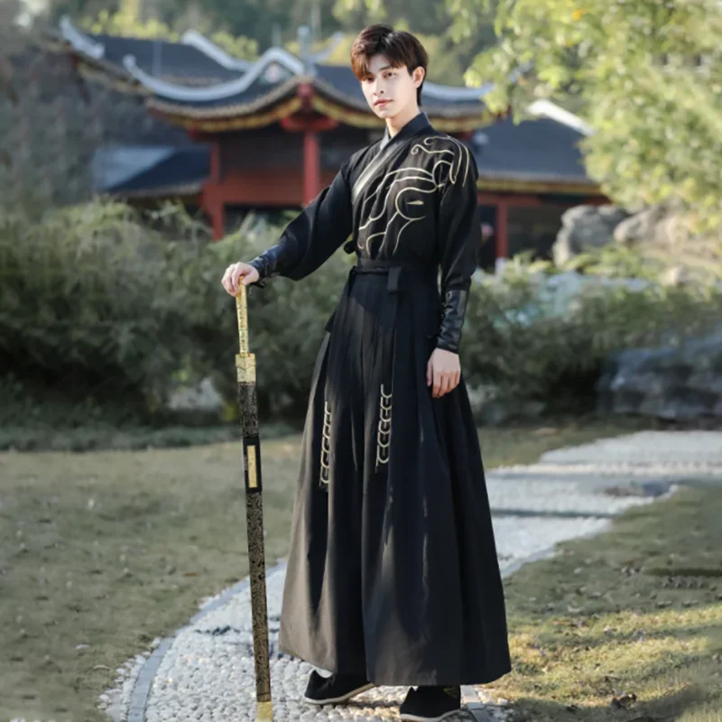 

Plus Size 5XL Hanfu Dress Men Chinese Traditional Cosplay Costume 2023 Ancient Hanfu Black Shirt+Skirt Sets Large Size 3XL