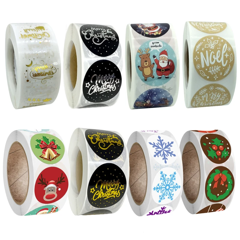 Christmas Gift Box 100/500Pcs Round Labels Christmas Sticker Candy Bag Flower Gift Box Cake Boxes Packaging New Year Stickers