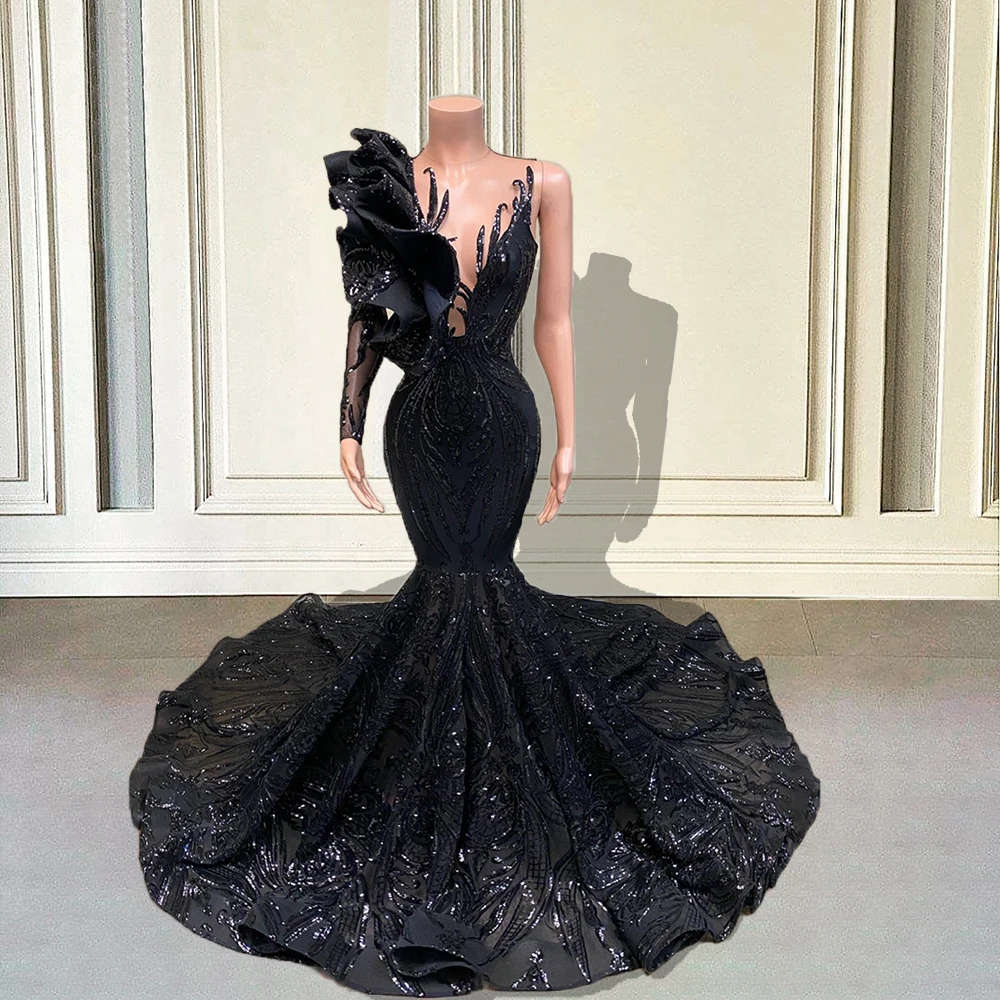 Sequin Long Mermaid Prom Dresses 2024 Black Girl Luxury Ruffles Sleeve  African Formal Gala Gown for Wedding Party Customized - AliExpress 320