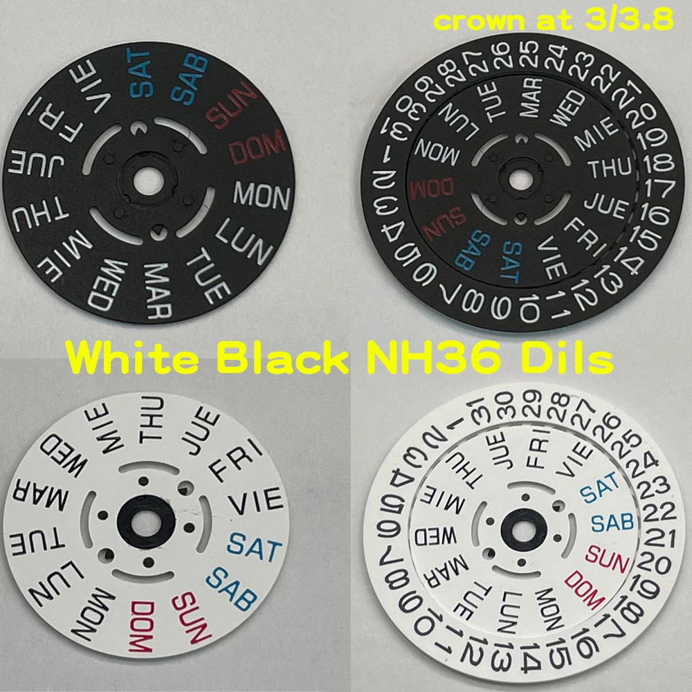 

White Black Datewheel Movement Dial Plate fit SEIKO NH36A Crown at 3/3.8 Chinese English Version Replacement Accessories