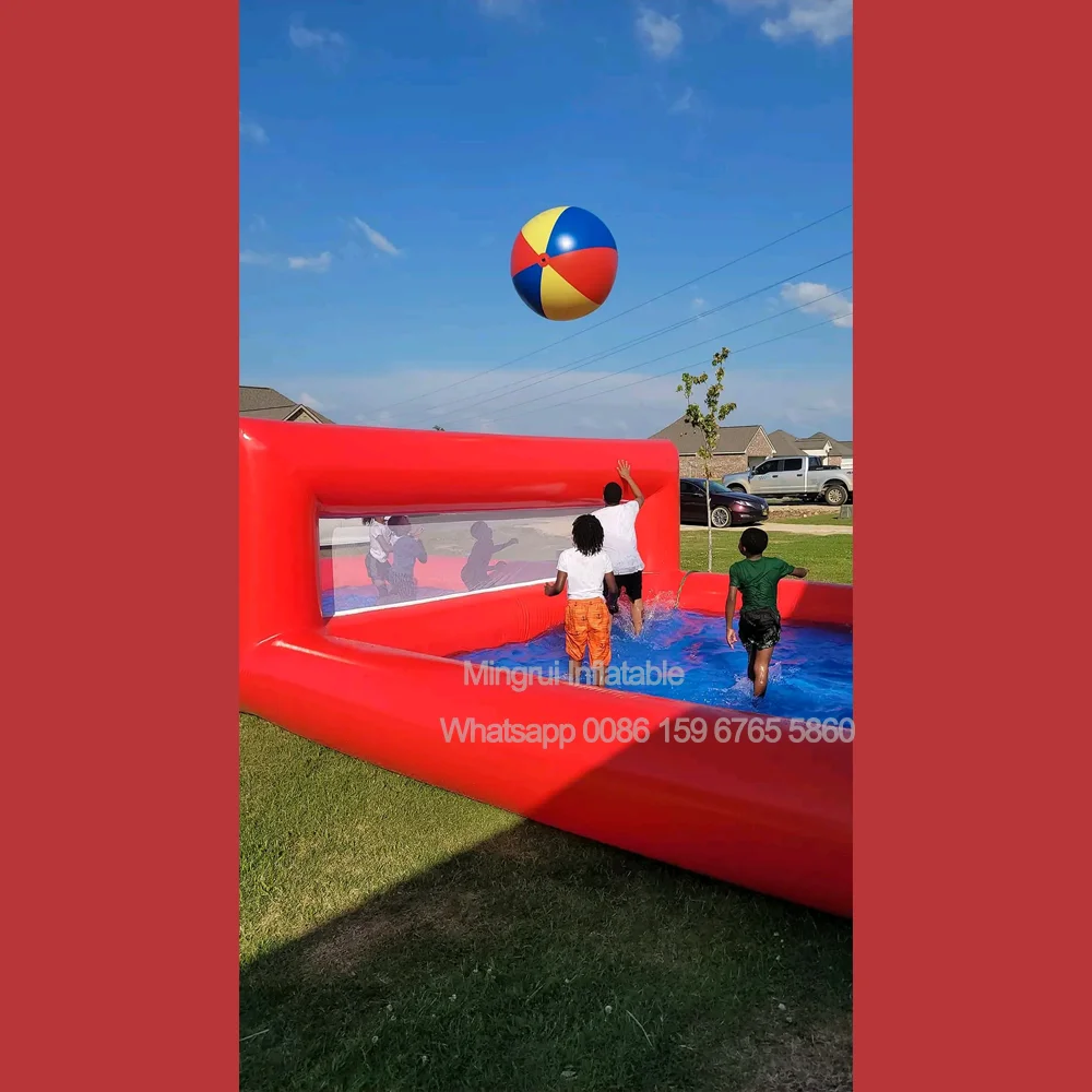 Giant 33x17ft Inflatable Red Beach Water Pool Volleyball Court Field Stuff Water Park Game Paly for Family Reunion Party Outside giant inflatable floating volleyball and court field stuff water park game above sea river lakes play 33x17ft