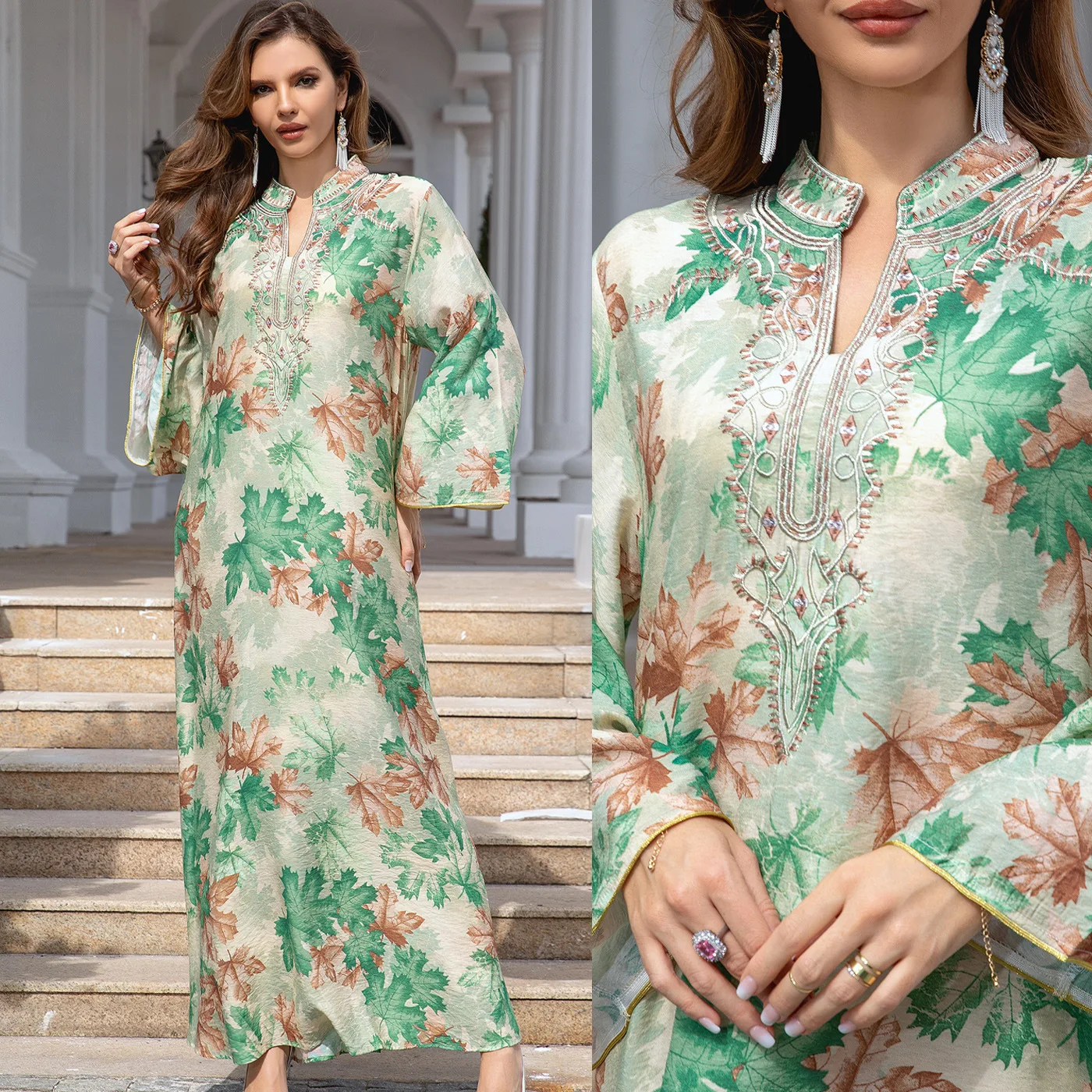 2024 Spring V Neck Elegant Long Sleeve Embroidered Abayas for Women Evening Gown Green Abaya Muslim Fashion Dress