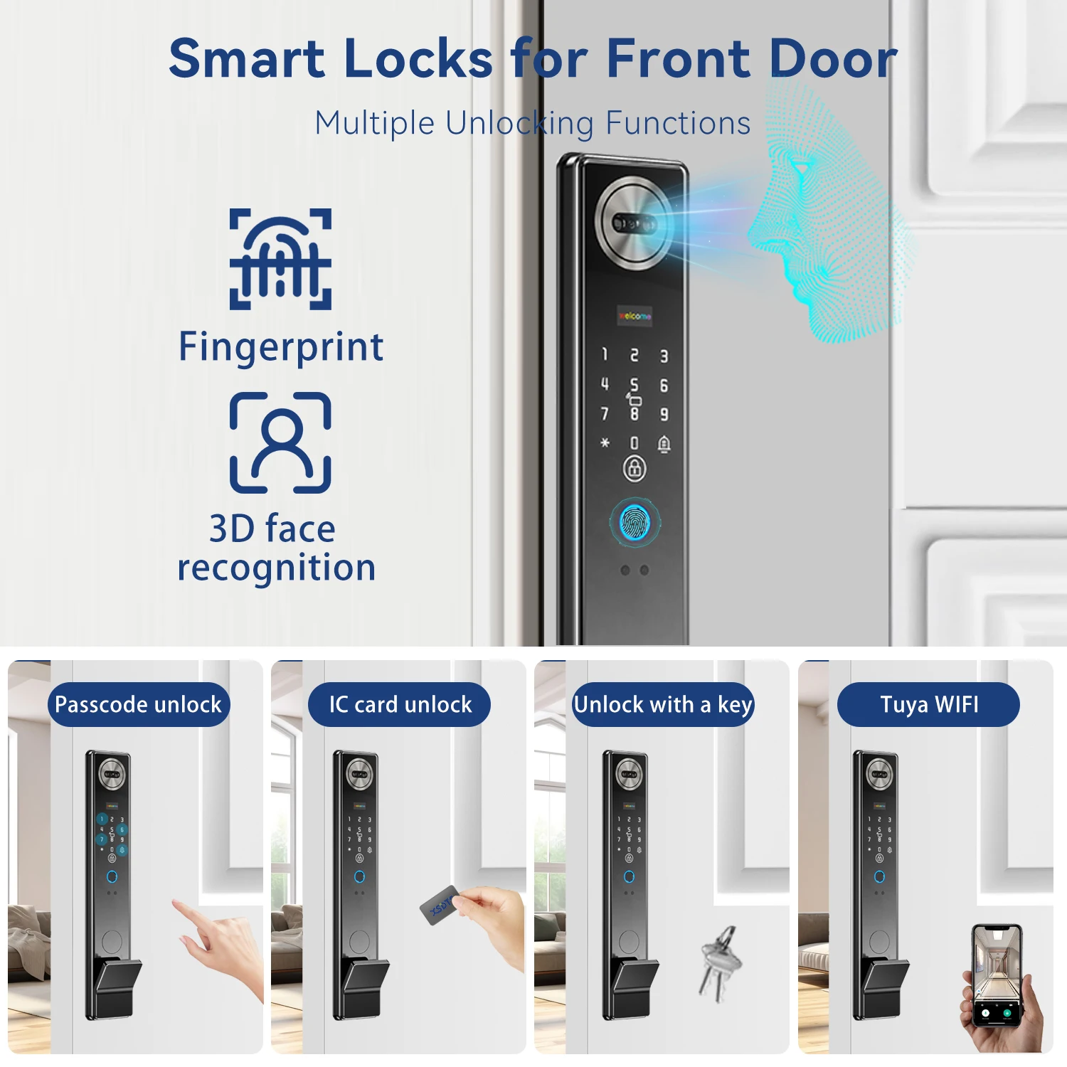 قفل باب ذكي مقاوم للماء ثلاثي الأبعاد للوجه Tuya ن...