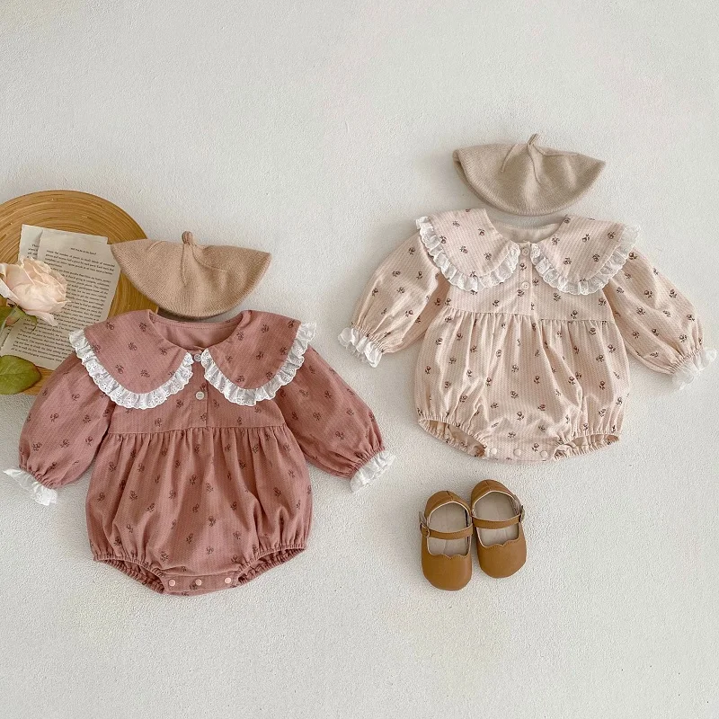 

Cute Newborn Baby Girl Flower Romper 0-3 Years Princess Kids Long Sleeve Lace Peter Pan Collar Cotton Body Suit Spring Clothes