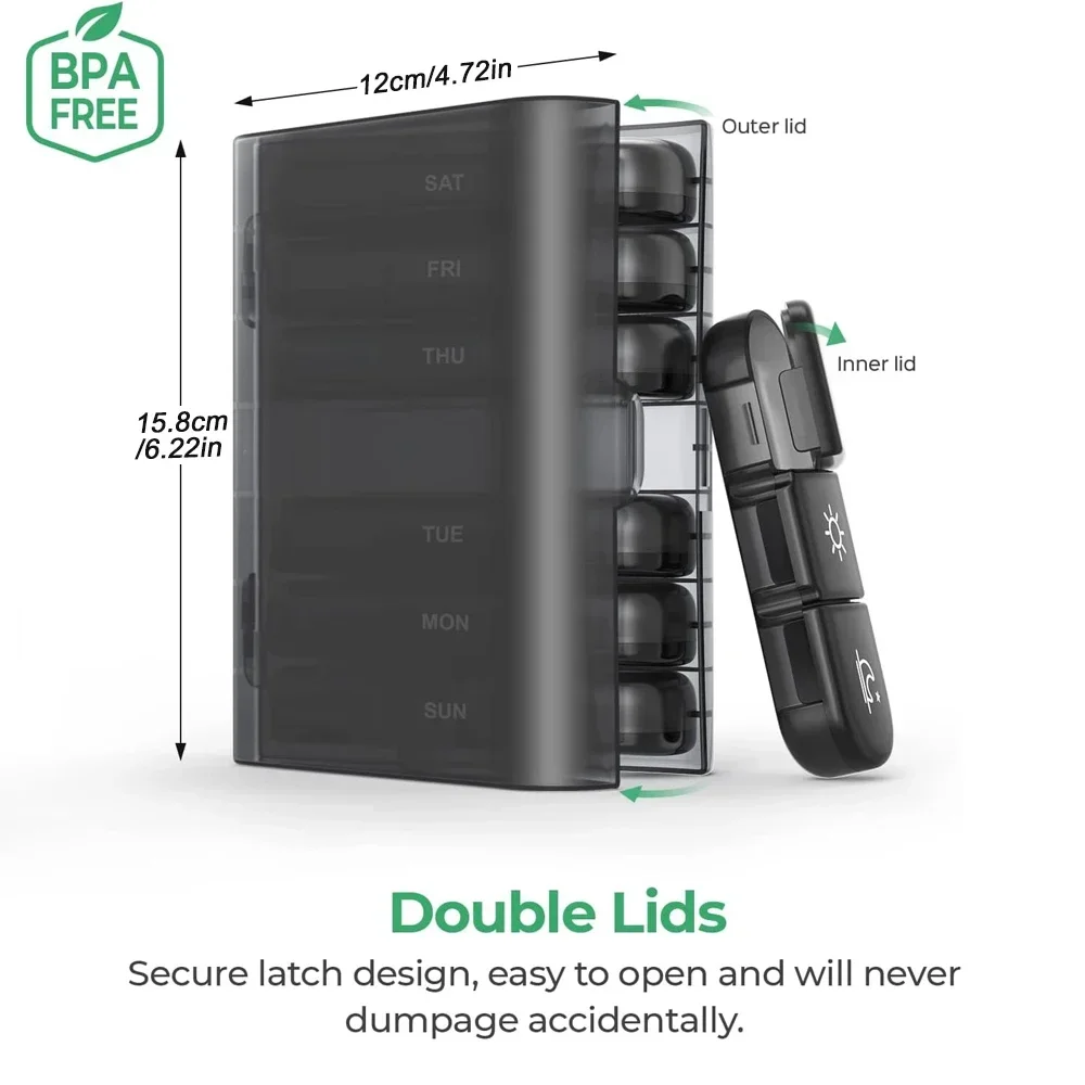 Portable 7-Day Pill Organizer for Vitamins, Medications & Supplements