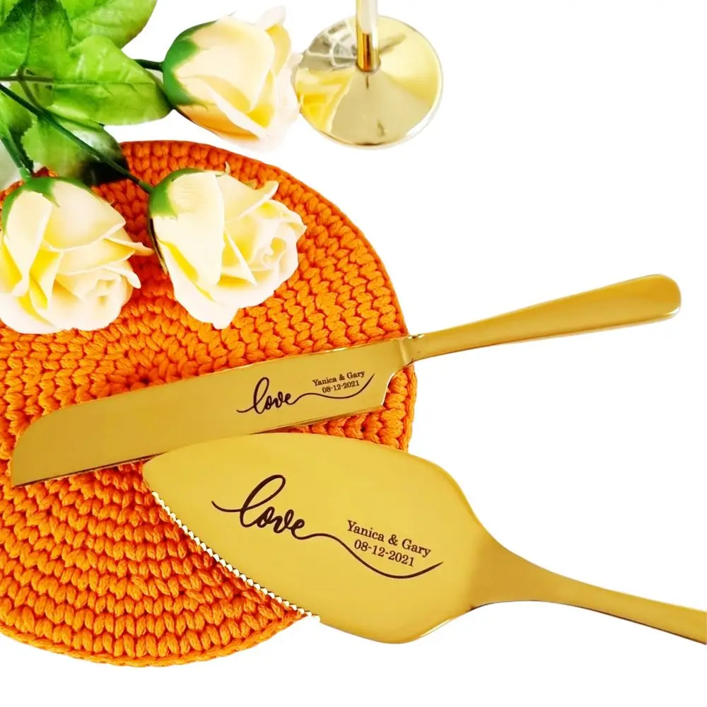 Personalized Wedding Cake and Knife Server Set With Forks Wedding Cake Decorattion Custom Monogram Laser Name Multiple Colors