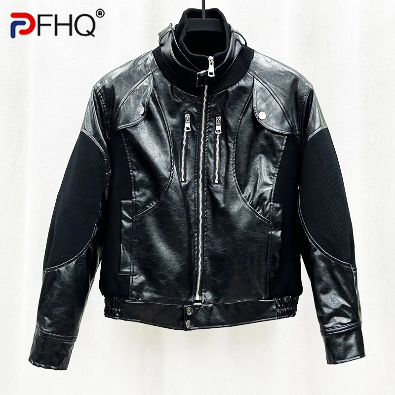 

PFHQ Men's Heavy Industry Splicing Design Jackets Tide PU Warm American Motorcycle Zippers Darkwear Advanced Coat Autumn 21Z3637