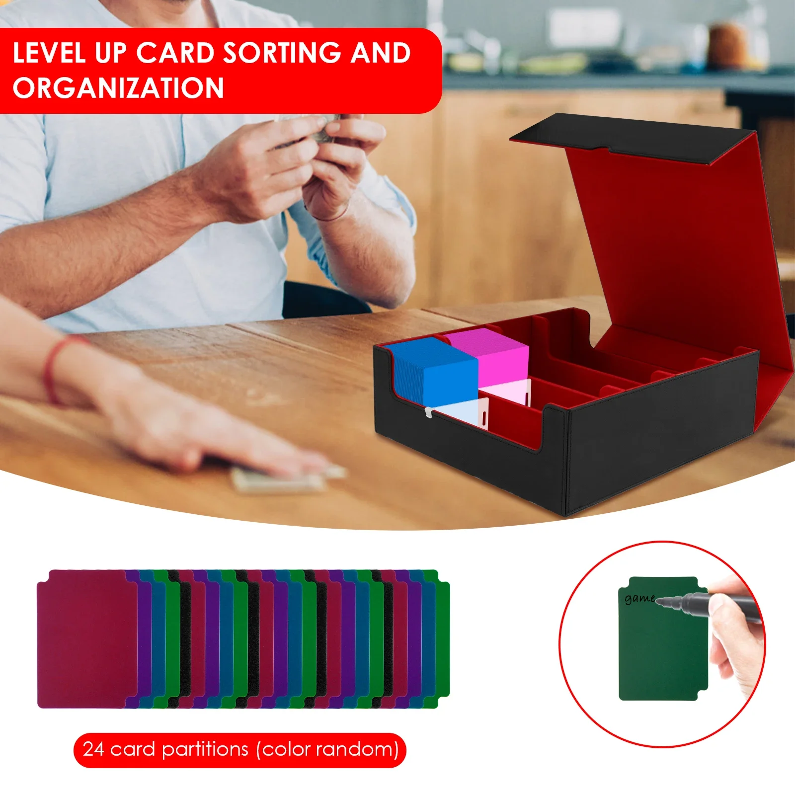 Flip Lid Cards Deck Box PU Leather 4 Rows Trading Card Storage Box with Dividers Multipurpose Game Card Office Business Card Box 4