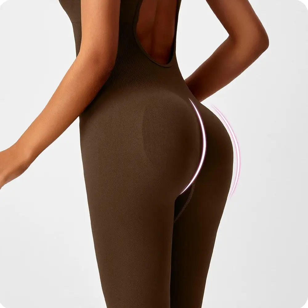 Body da yoga intero senza cuciture con bottino color pesca - Completo da palestra per il controllo della pancia con scollo a V per donna - Tuta da allenamento sexy aderente fitness - immagine 4