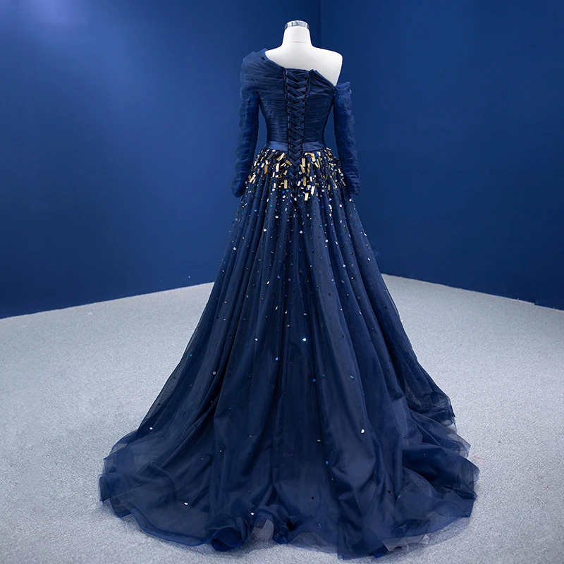 Navy Blue Prom Dresses 2022 Long Sleeve a Line Shiny Tulle Party Dress RSM67556 Robe De Soirée Femme 2