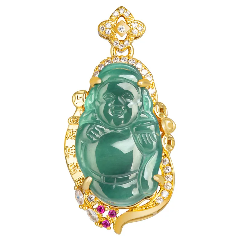 

Blue Jadeite God of Wealth Pendant Real Burmese Jade 18K Gold Plated Charm Necklace Jewelry Fashion Vintage Natural Amulet