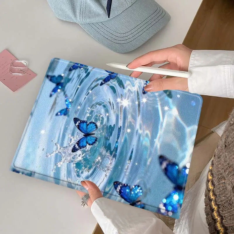 Blue Butterfly Water Ripple Soft Tablet Case with Pen Tray