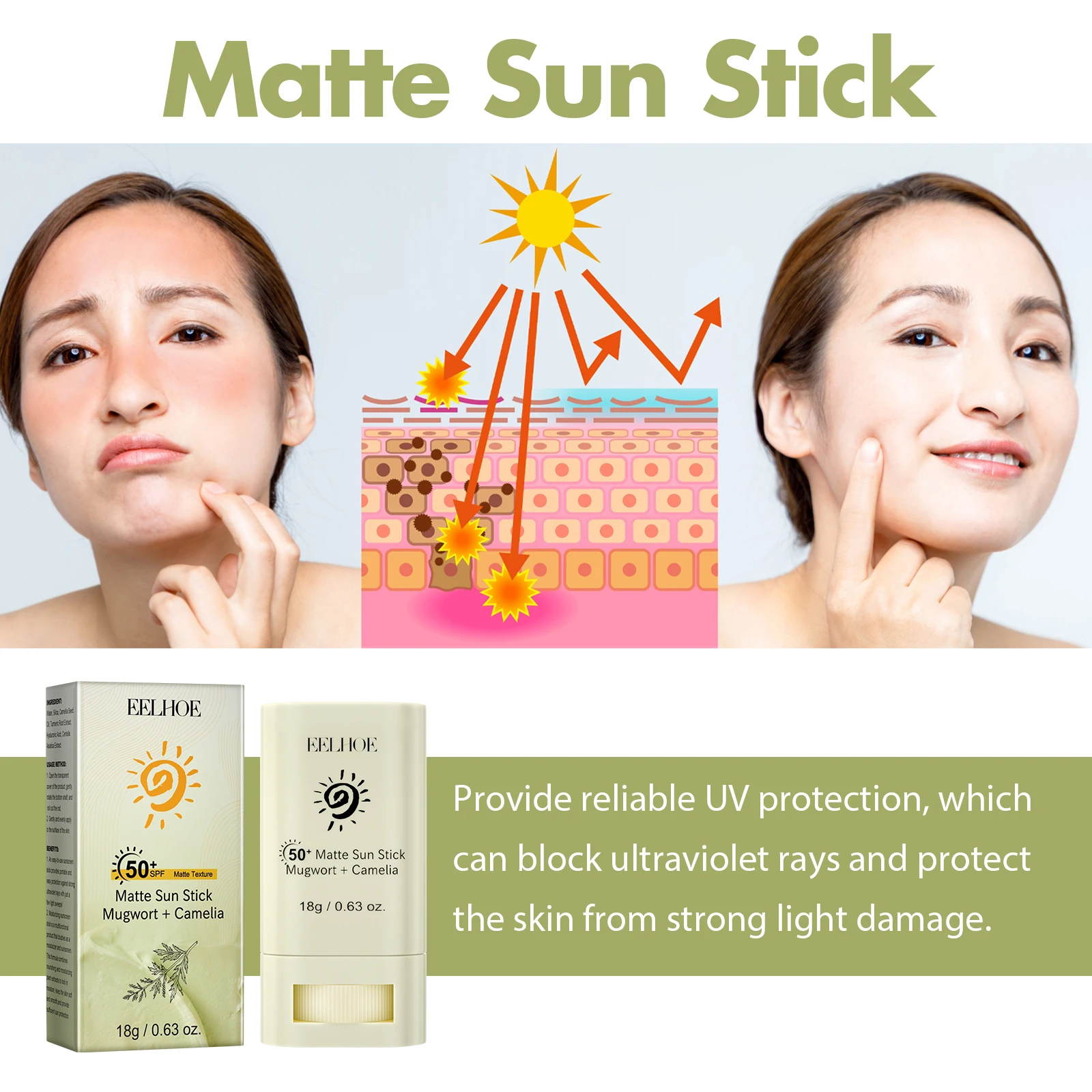 EELHOE Matte Sun Stick SPF50+ UV Protective Moisturizing Refreshing Whitening Sunstick Portable Matte Sunscreen Stick Cosmetic