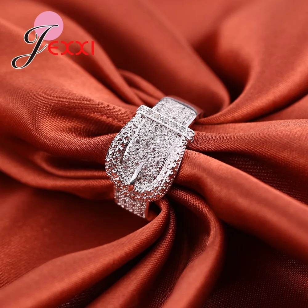 Trendy 925 Sterling Silver Women's Crystal Rings With Stones Belt Buckle Design Fashion Jewelry