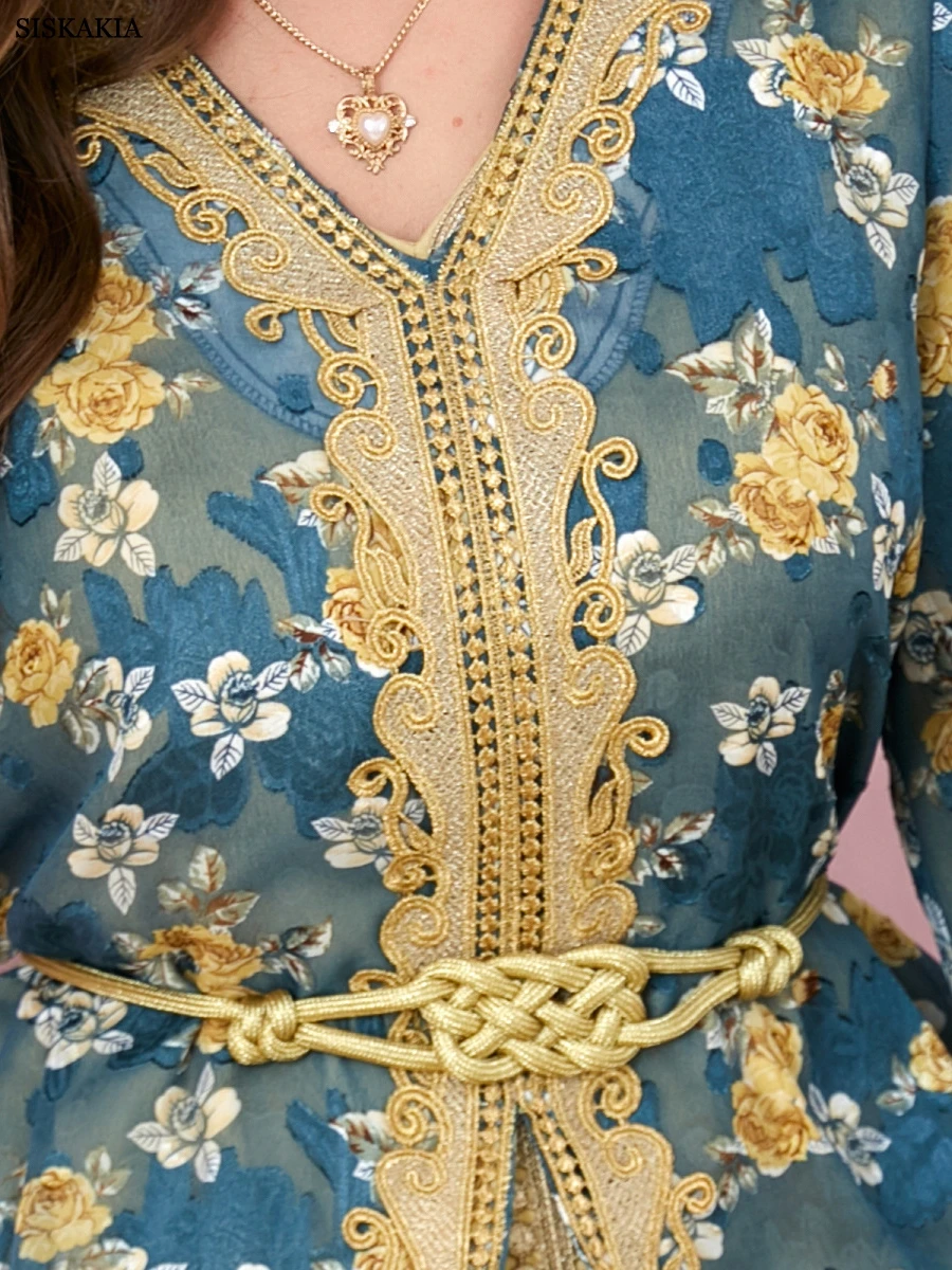 Eid Dress For Woman Muslim Sets Floral Guipure Lace Panel Belted 2pcs Dress Kaftan Dubai