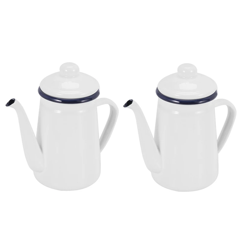 

2X 1.1L High-Grade Enamel Coffee Pot Pour Over Milk Water Jug Pitcher Barista Teapot Kettle For Gas Stove-ABUX