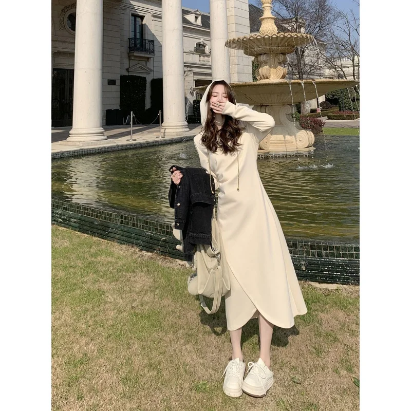 

Hooded Dress Pullover Women Spring 2023 New Design Feeling Solid Long Sleeve Casual Skirt Split Dress Pullover Female Tops