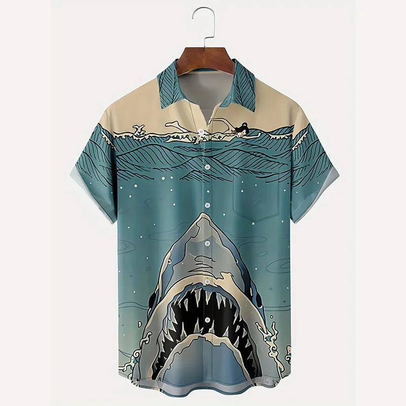 

Retro Sharks Pattern Hawaiian Shirt Beach 3d Printed Short Sleeve Aloha Shirts Men Oversized Casual Loose Tops Shirt Clothing