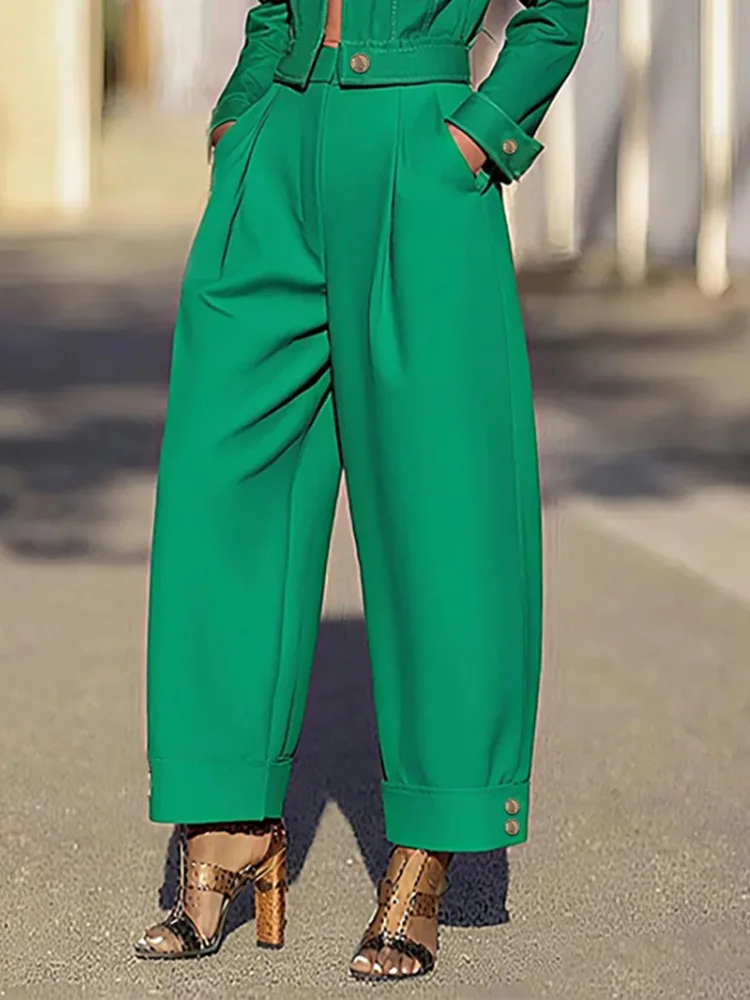 UOOZEE 2025 New Women Casual Office 2 Pieces Sets Button Long Sleeves Lapel Jackets & High Waisted Wide Leg Pleated Pants Suits 4