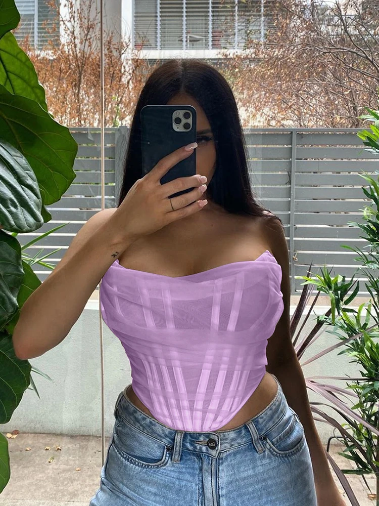 Cryptographic Sleeveless Fashion Strapless Bustier Corset Crop Tops Female Mesh Backless White Women Tops Zipper Summer 2023 images - 6