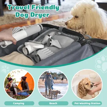 Dog Hair Dryer 5 in 1 Portable Handheld Dog Hair Dryer Smart Temperature Adjustment Grooming Brush Travel Home Pet Hair Dryer 5