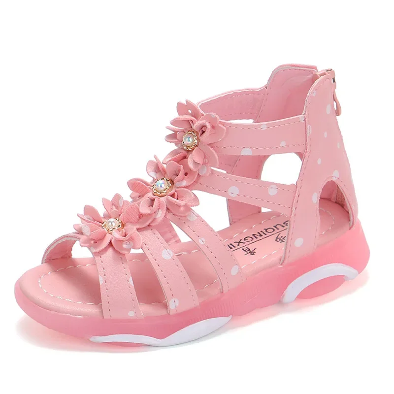 Girls Sandals Flowers Kids Roman Sandals Children Gladiator Shoes Soft Leather With Dots Zipper Pearl Beading Toddler 1-12 Years kids shoes children sandals kids sandals