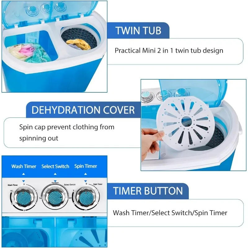 ZenStyle Portable Washer Compact Twin Tub 9.9 LB Mini Top Load Washing Machine Washer/Spinner w/ 6.57 FT Inlet Hose 3