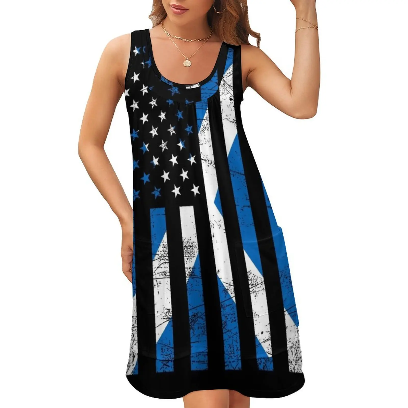 

Scottish American flag Sleeveless U-Neck Fake Two Piece Dress Women dresses summer elegant dresses plus sizes