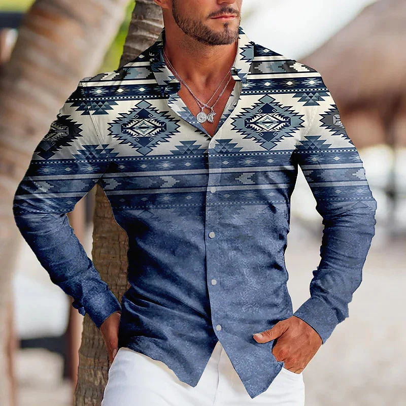 Mens Dress Shirt Men Fashion Vintage Tribal Party Clear Graphic Lapel Button Down Casual Tops