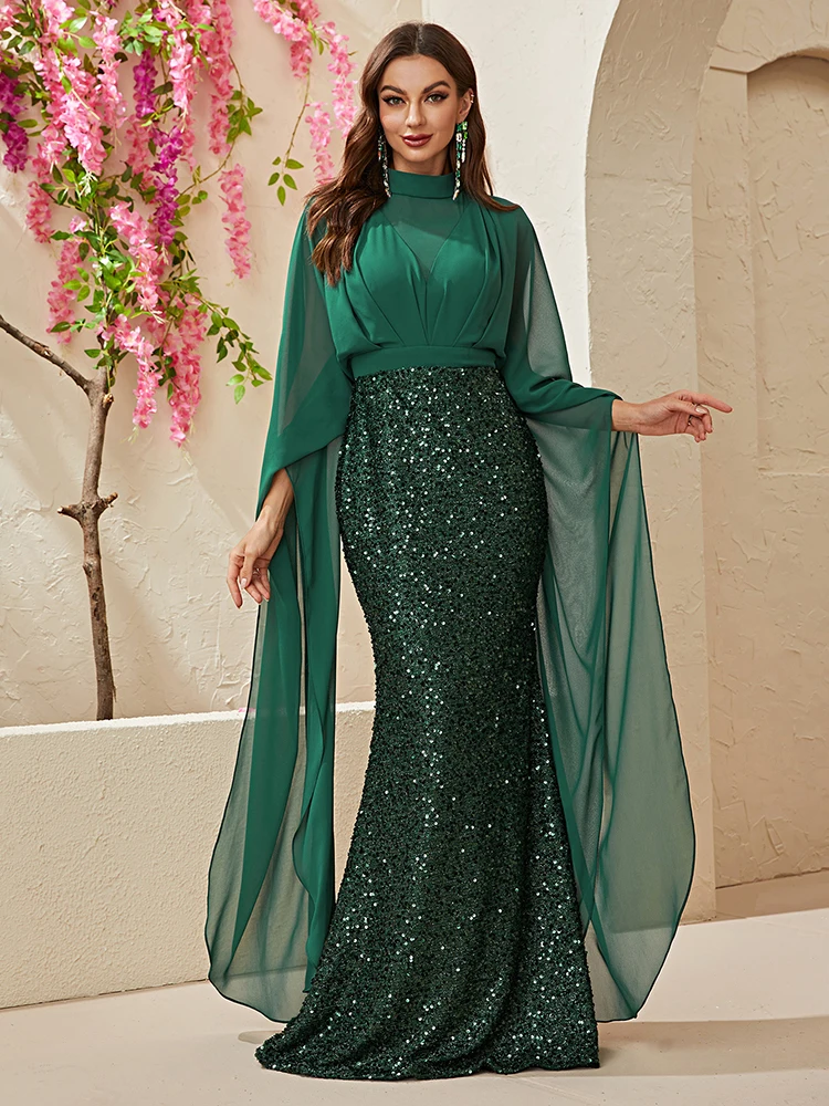 Mermaid Elegant Cape Sleeves Beaded Luxury Evening Dresses Gowns For Women Arabic Party Wedding Guest Party Dresses Prom Dress
