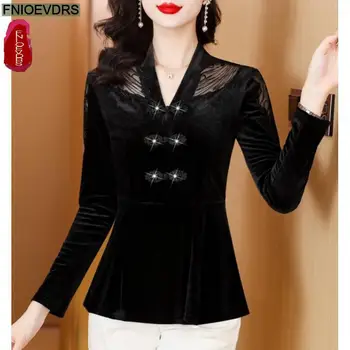 S-3XL Black Velvet Top Women Autumn Winter French Design Elegant Office Lady Work Button Shirt Casual Slim Retro Peplum Blouses