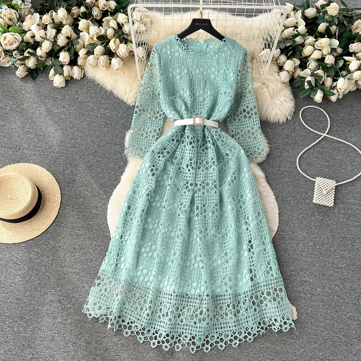 

Evening Party Dresses For Women 2023 Summer Clothes 3/4 Sleeve Round Neck Embroidery Lace Dress Elegant Midi Dress With Belt