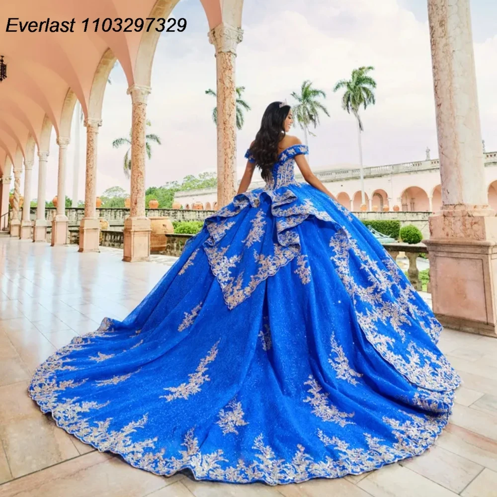 Royal Blue Quinceanera Dress Ball Gown Gold Lace Applique Beading Corset Sweet 16 Vestido De 15 Anos EVLAST QD1071