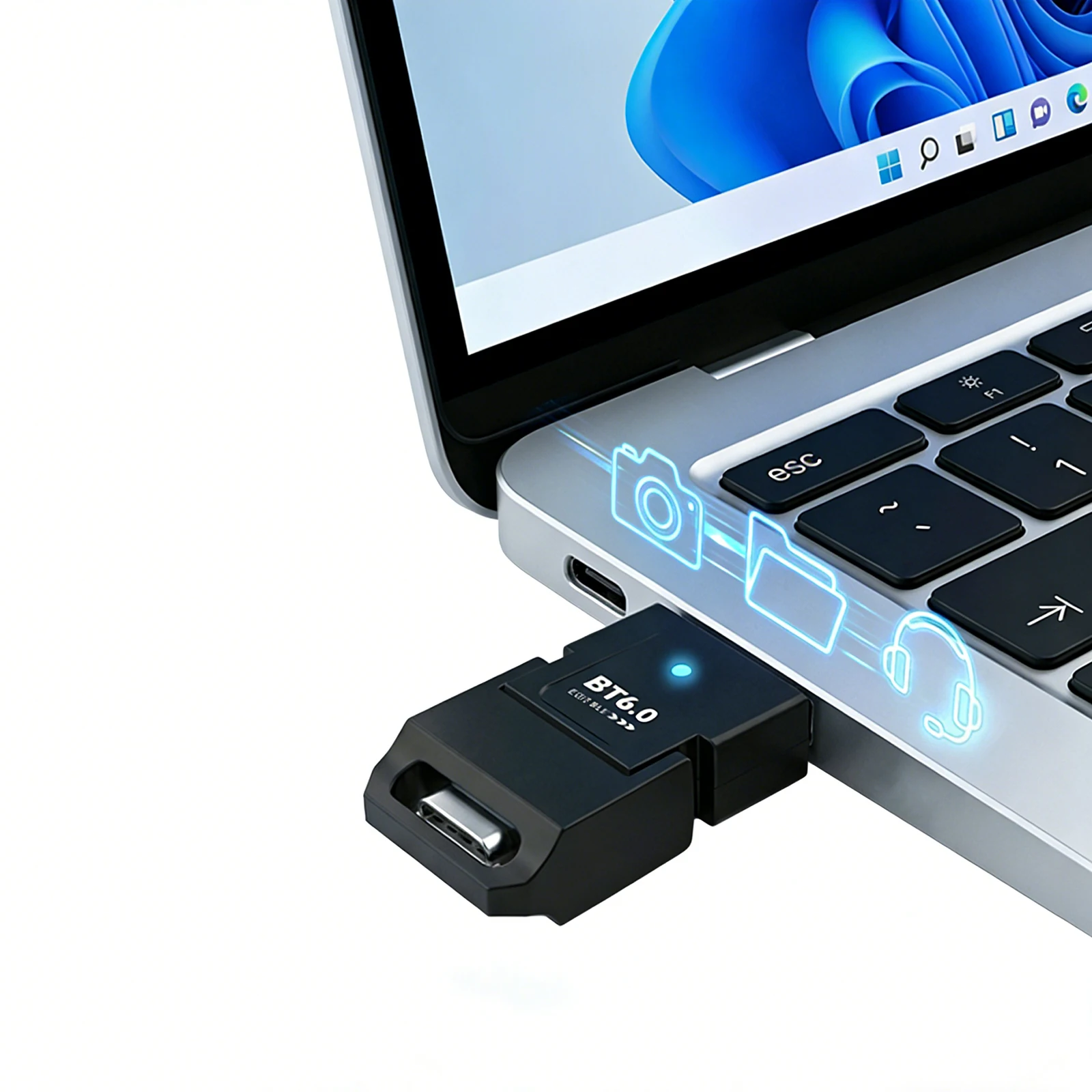 USB BT 어댑터 플러그 앤 플레이 BT 6.0 동글 수신기는 헤드폰, 키보드, 마우스, 스피커, 프린터용으로 Windows 8.1/10/11을 지원합니다.