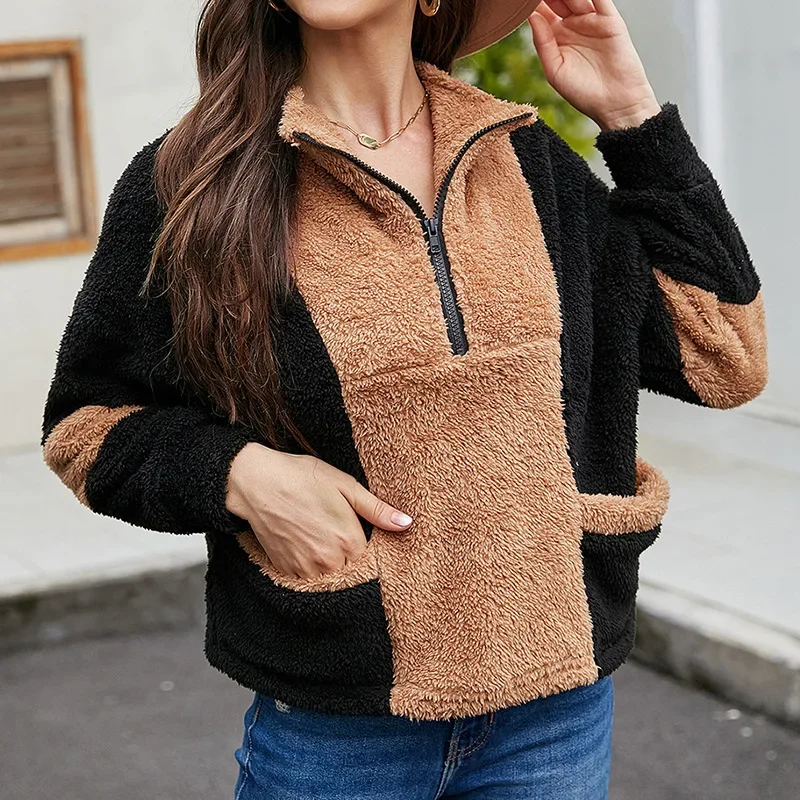 2021 Autumn Women's Lapel Fashion Pullover Street Style Zipper Sweater Trend New Loose Long-sleeved Pullover Plush Sweater Women