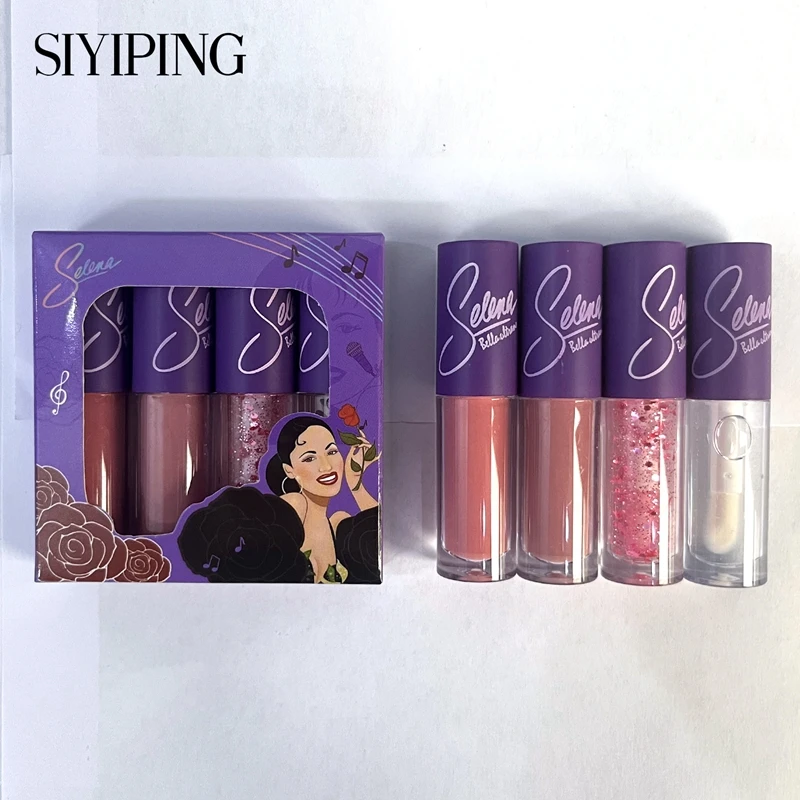 4- Color Lip Gloss, Lustrous Shiny Dewy Texture Lip Glaze, Hydrating Long Lasting Star Stick Plumping selena Liquid Lipstick