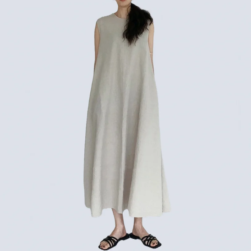 원피스 여성용 A 타입 실루엣 라운드넥 코튼 린넨 원피스, 중간 길이 원피스, 심플한 캐주얼 루즈한 민소매, 여름 신상