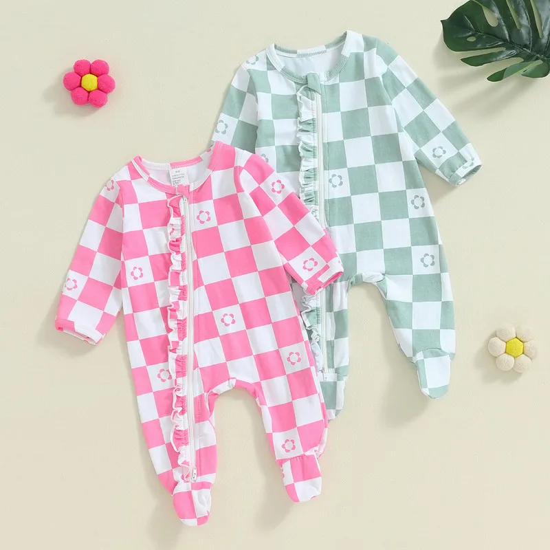 

Newborn Baby Girls Footies Autumn Clothes Long Sleeve Crew Neck Zip Closure Plaid Flower Print Fall Jumpsuit Clothes
