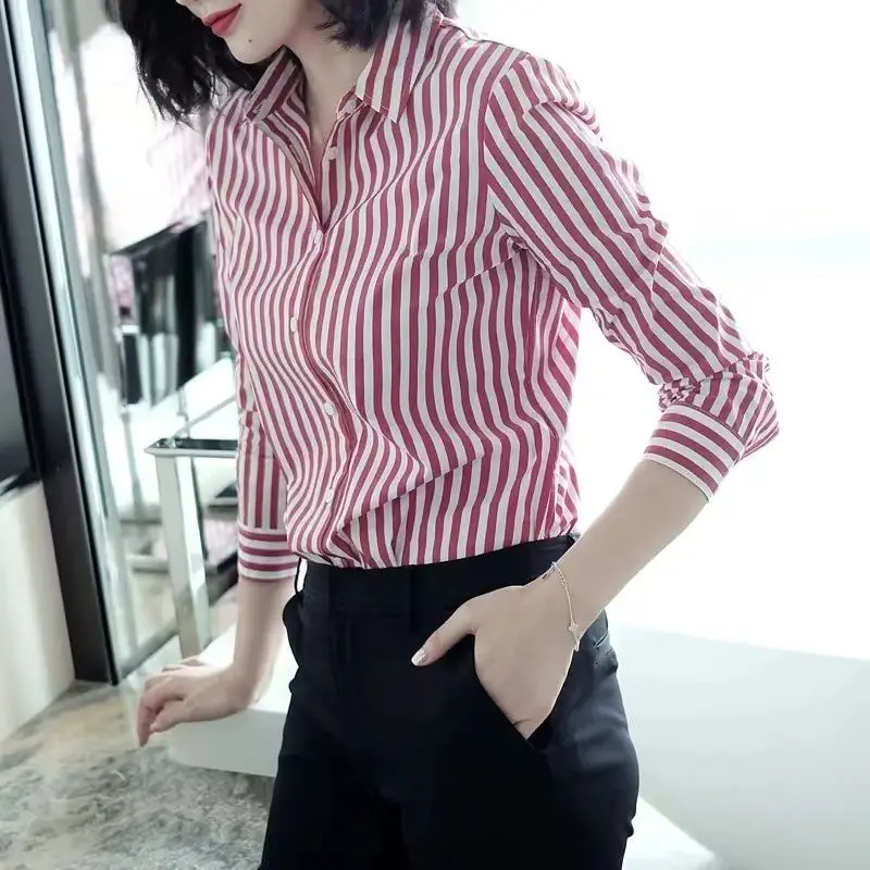 Women's Clothing Commute Striped Shirt 2023 New Spring Autumn Long Sleeve Fashion Single-breasted Casual Turn-down Collar Blouse