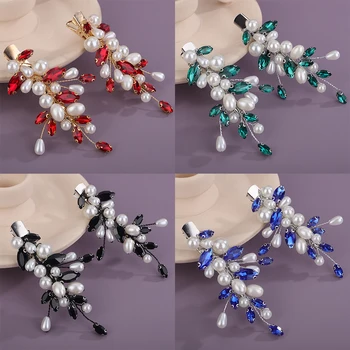 2PCS Silver Rhinestone Pearl Hair Clips for Women Wedding Red Hair Accessories Black Bridal Hair Piece Blue Green Bride Tiara