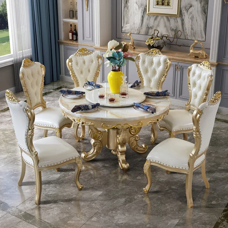 

European dining table American light luxury marble round table with turntable dining table and chair combination 6-person solid