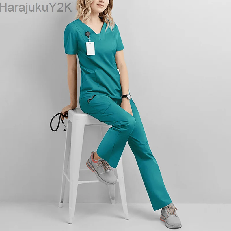 

2023 Medical Scrubs Women Short Sleeve V Neck 4 Way Stretch Scrub Set For Hospital Uniform