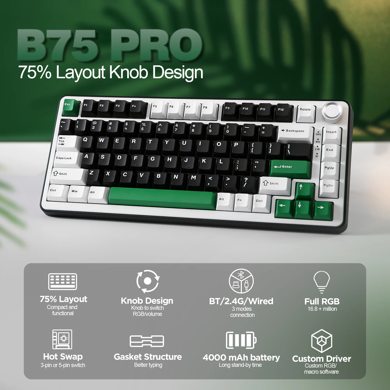 YUNZII-B75プロブラックワイヤレスメカニカルゲーミングキーボード、84 