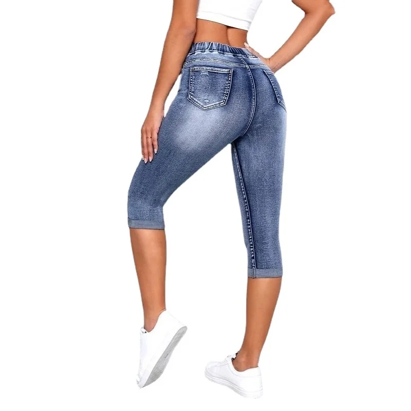 Women Denim Jeans Shorts | High Waist Stretch knee Length Ripped Denim Short