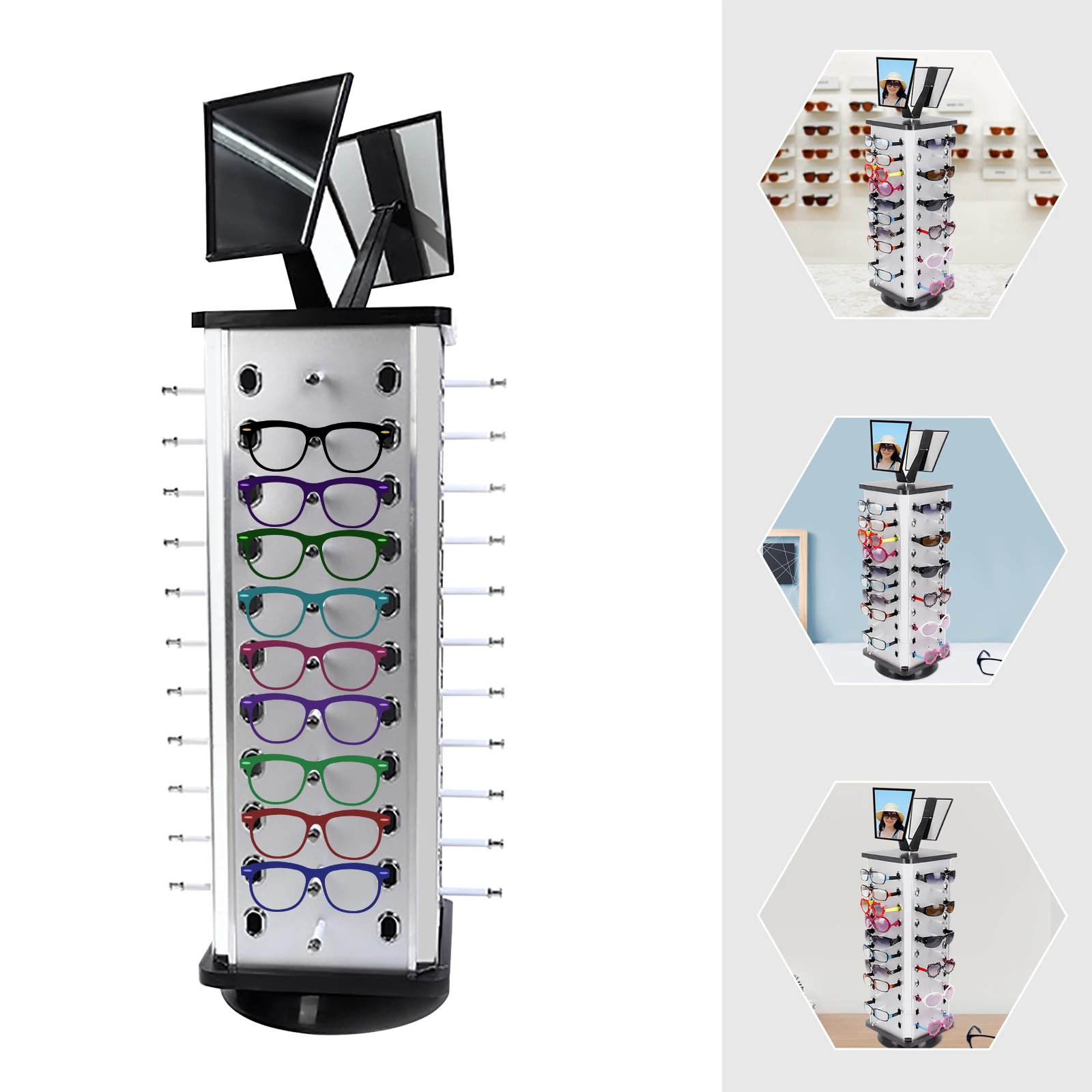 Rotating Sunglass Display Rack for Store 44 Pairs Glass Holder Freestanding Mirror Eyeglasses Stand Commercial Eyewear Organizer