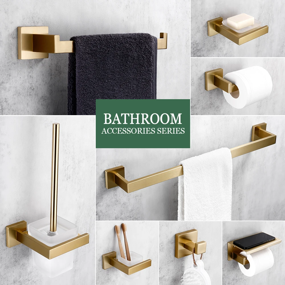 Matte Gold Towel Rack 304 stainless steel Towel Bar Double Shelf Paper Holder Tissue Holder Toilet Brush