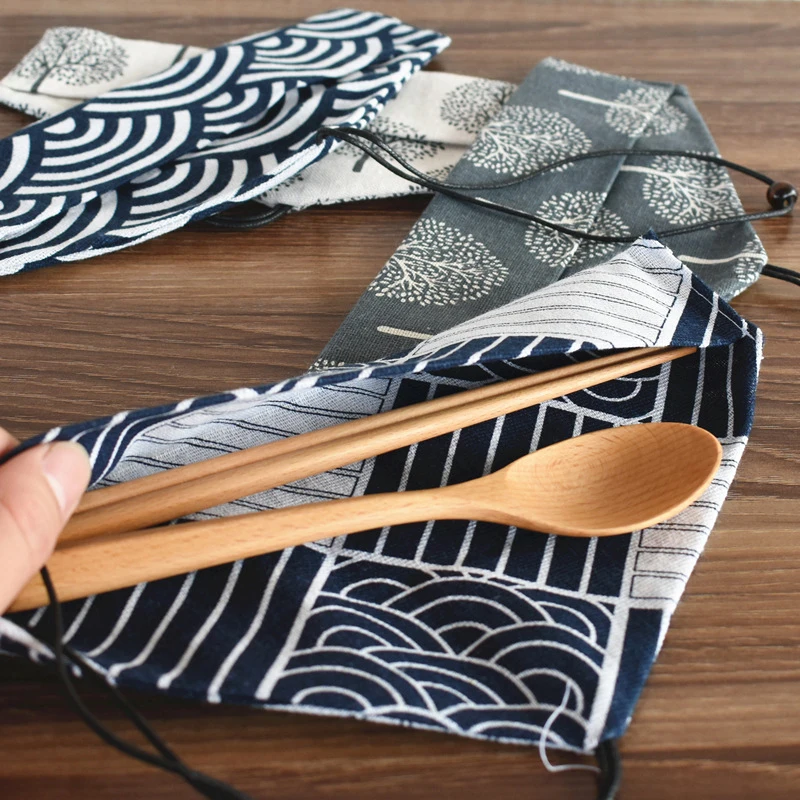 

Japanese Vintage Print Tableware Bag Portable Chopstick Spoon Knife Forks Storage Bag Drawstring Knife Fork Spoon Cutlery Pouch