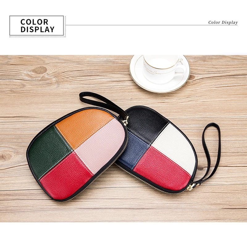 Womens Leather Clutch Collar Bag Zipper Contrast Color Cowhide Phone Clutch Wallet Women's Soft Personalized Handbag